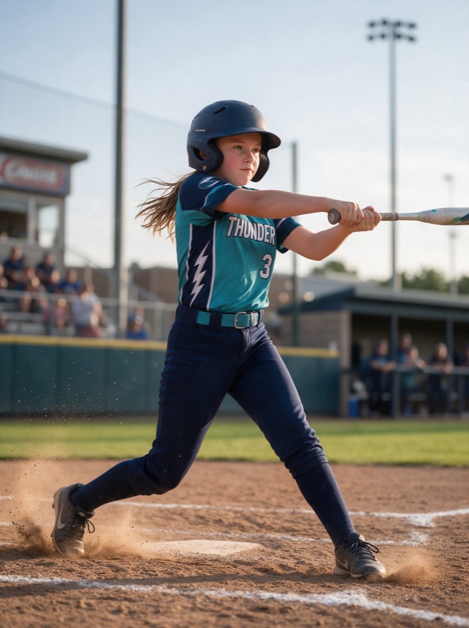 Batter mid-swing in a teal and navy THUNDER number 3 jersey with white lightning side panels