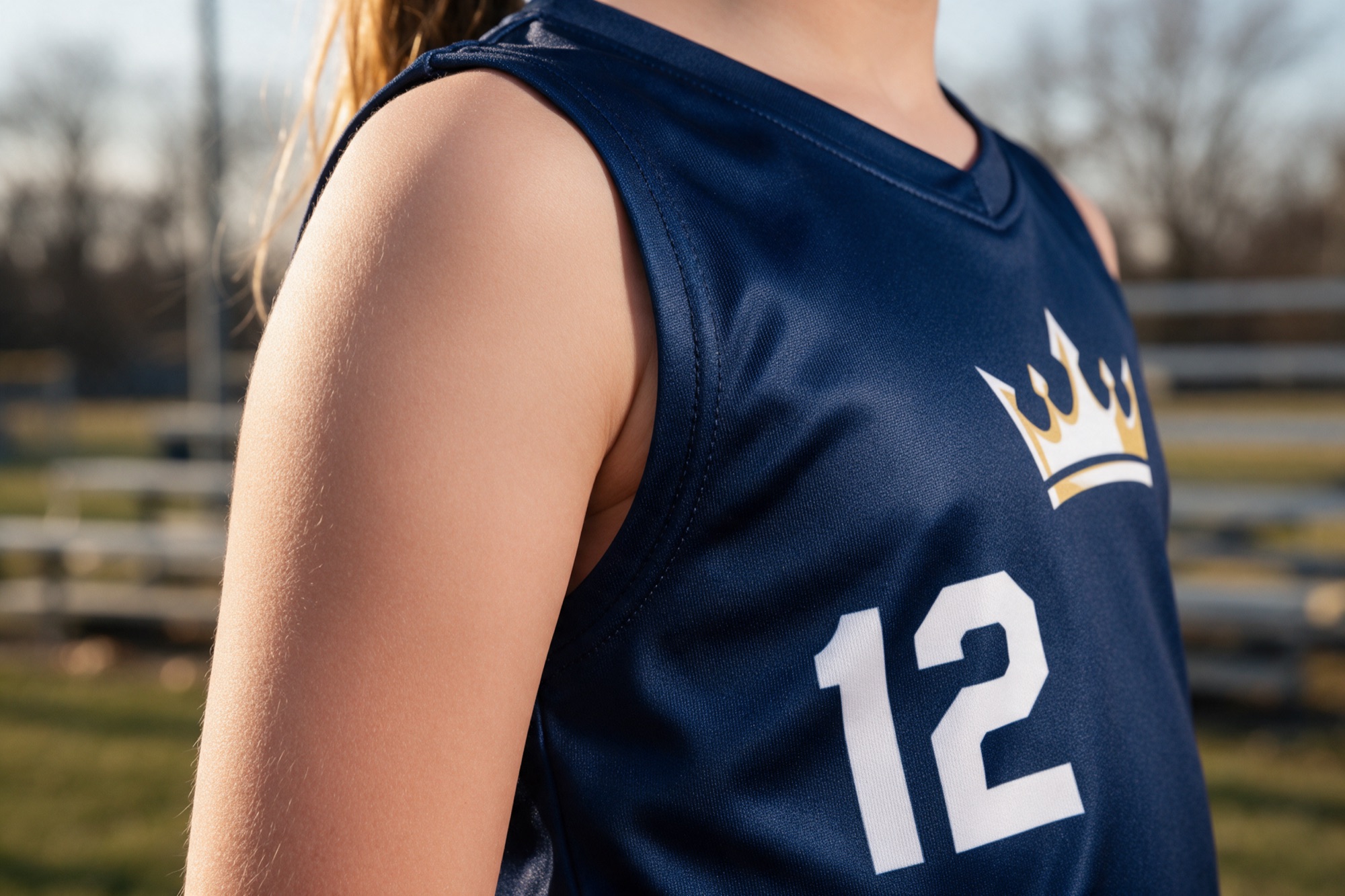 Close view of textured navy sleeveless jersey fabric with a gold and white crown logo and white number 12