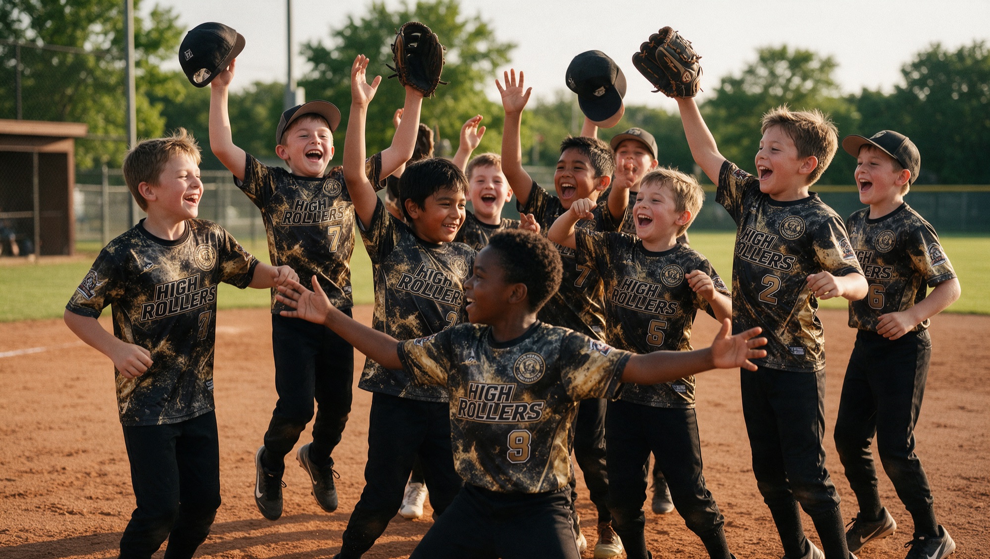 A youth baseball team celebrating on the field in custom black and gold HIGH ROLLERS uniforms with an all-over sublimated print, a team crest on the chest and single front numbers