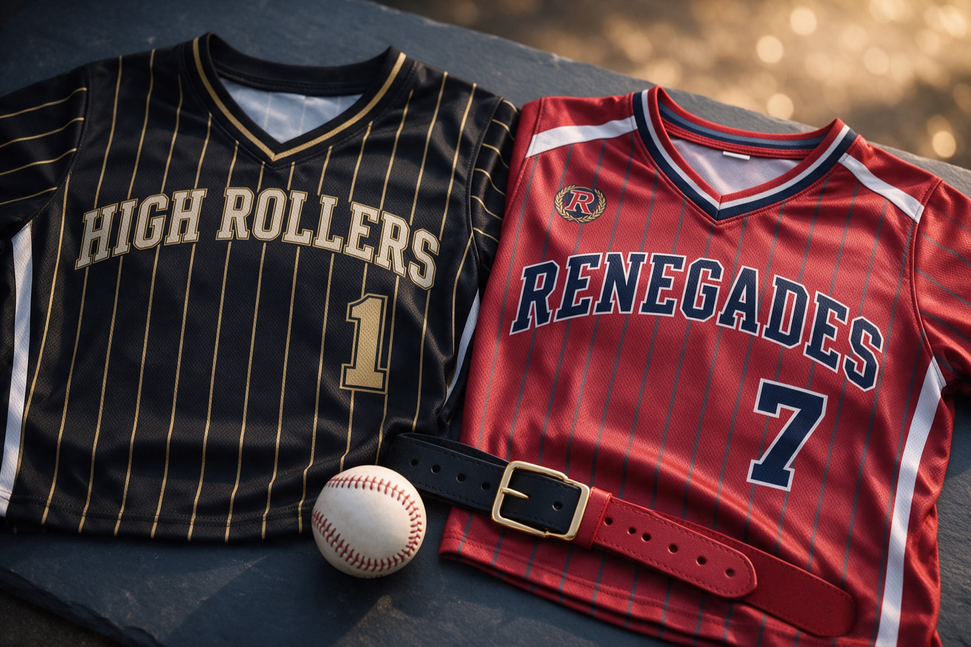 Black and gold HIGH ROLLERS number 1 jersey beside a red RENEGADES number 7 jersey, with belts and a softball