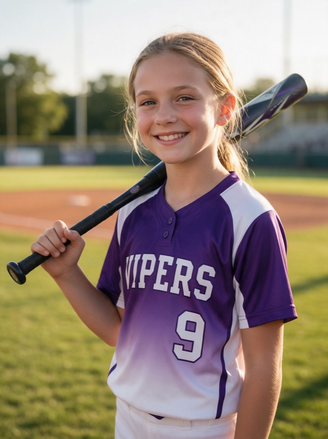 Player holding a bat in a purple and white VIPERS jersey with number 9