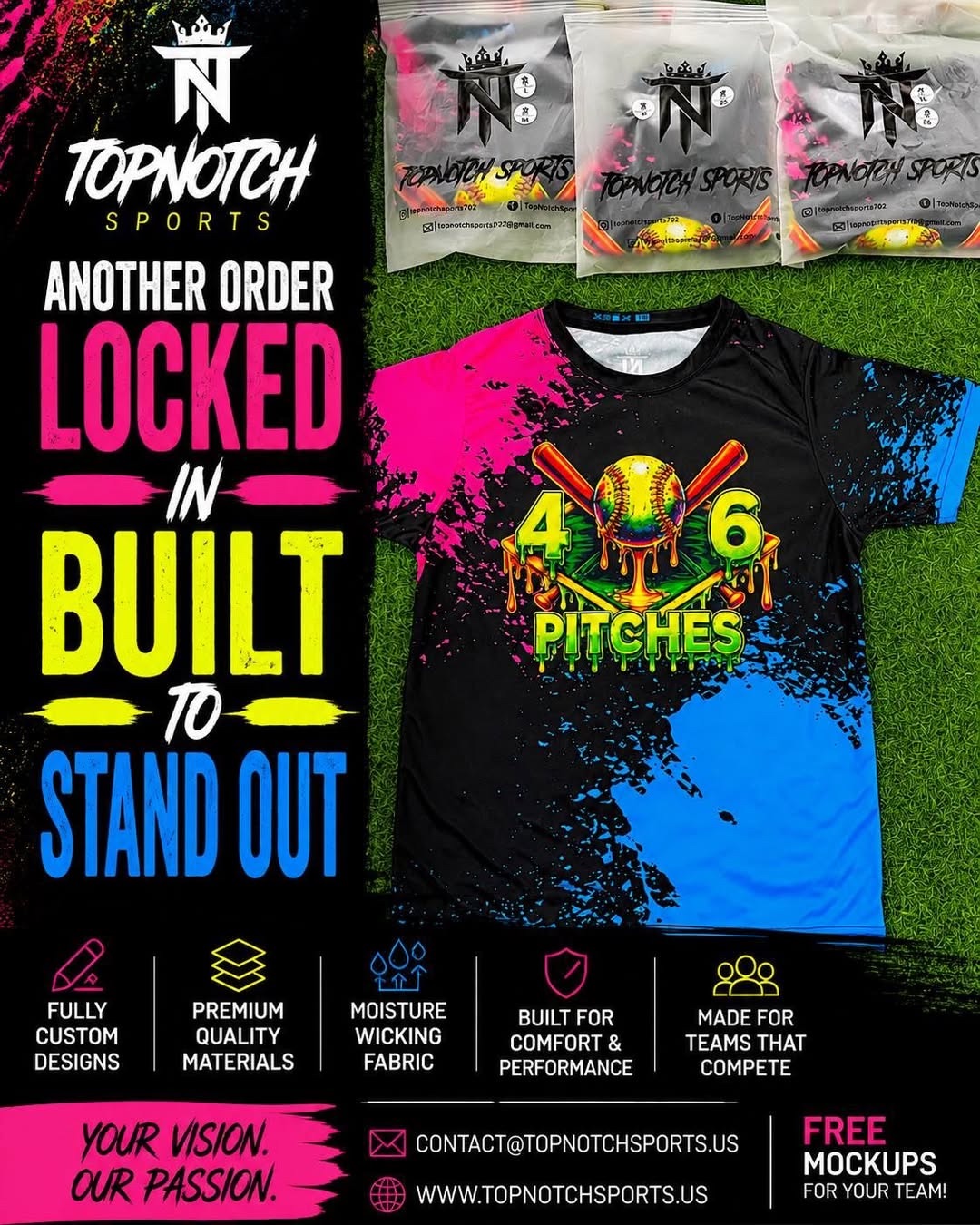 Top Notch Sports order for 46 PITCHES: black jersey with pink and blue paint splatter and a dripping softball graphic