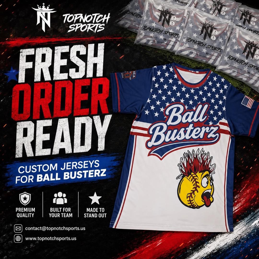 Top Notch Sports fresh order for BALL BUSTERZ: navy, red and white stars and stripes jersey with a softball mascot