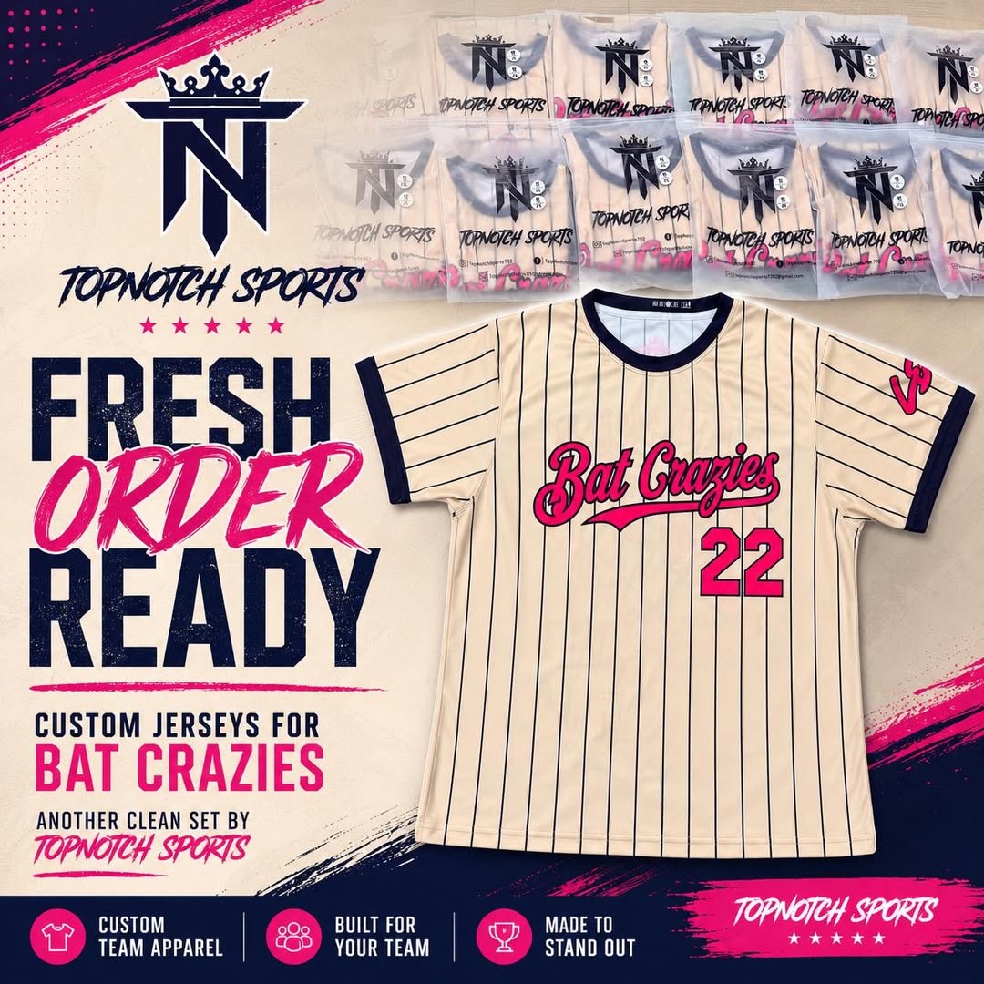 Top Notch Sports fresh order for BAT CRAZIES: cream pinstripe jersey with navy trim and pink script lettering