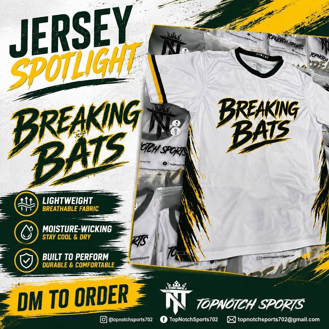 Top Notch Sports jersey spotlight for BREAKING BATS: white jersey with black and gold brushstroke lettering