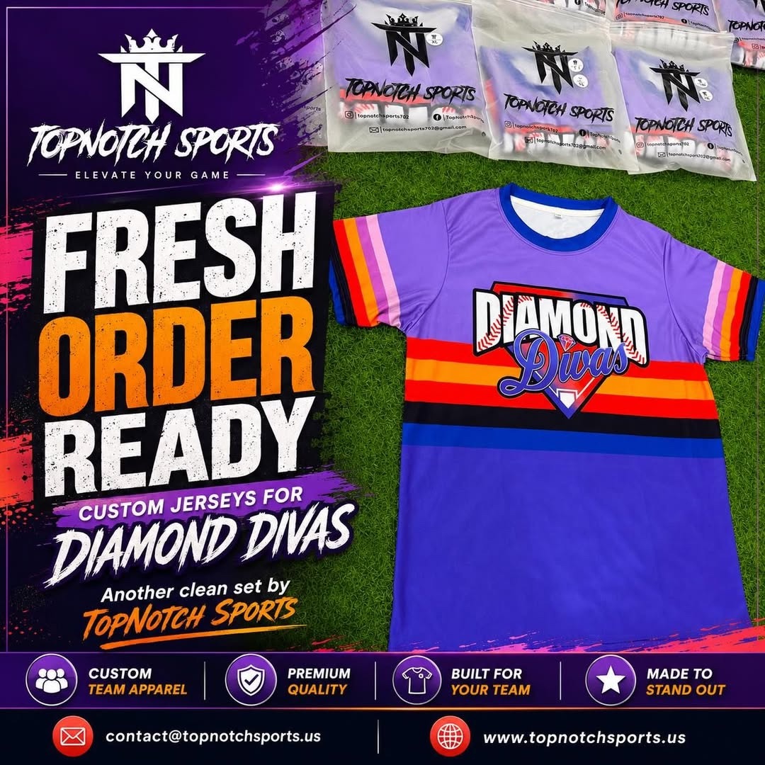 Top Notch Sports fresh order for DIAMOND DIVAS: purple jersey with orange, red and pink retro chest stripes