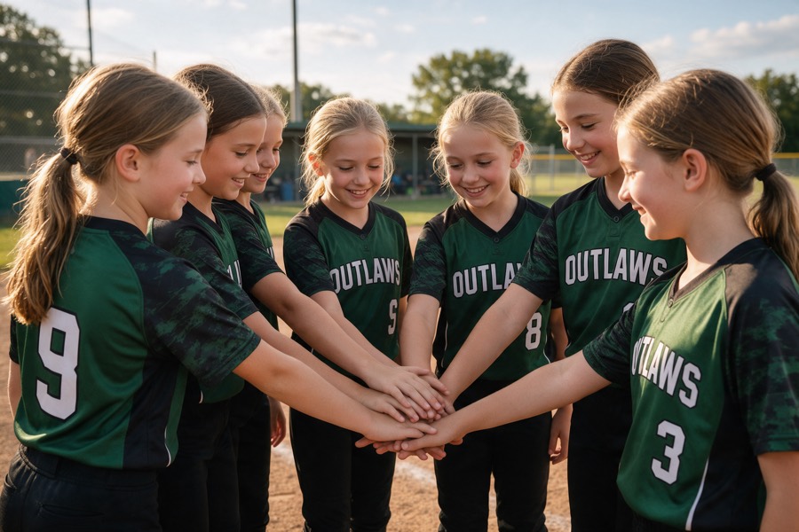 Players huddling in green OUTLAWS jerseys with black patterned sleeves and white numbers